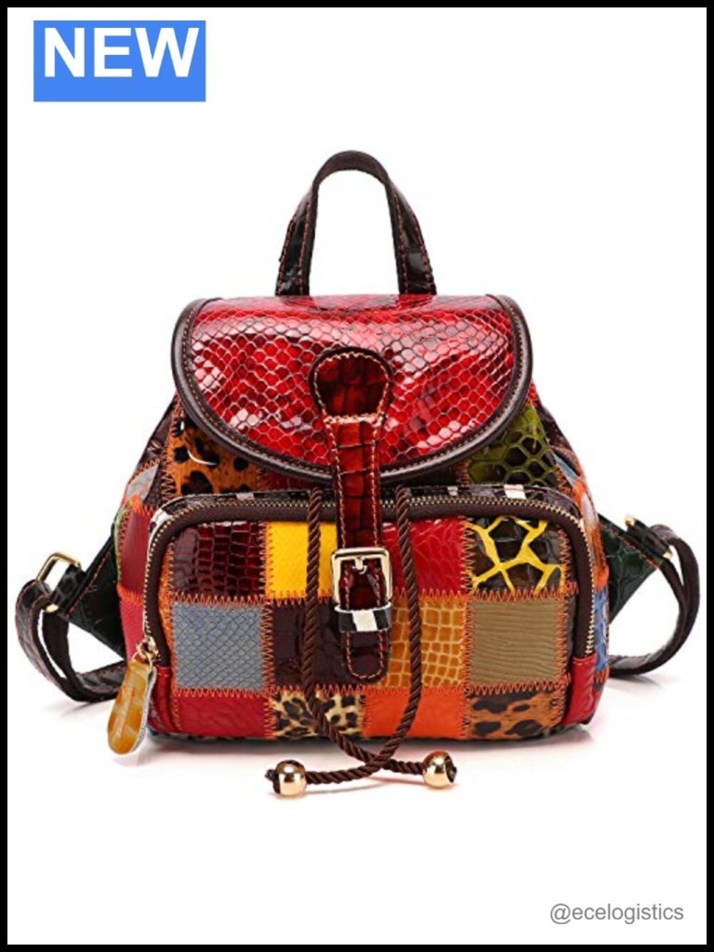 Genuine Leather Patchwork Bohemian Backpack with Removable Adjustable Strap,